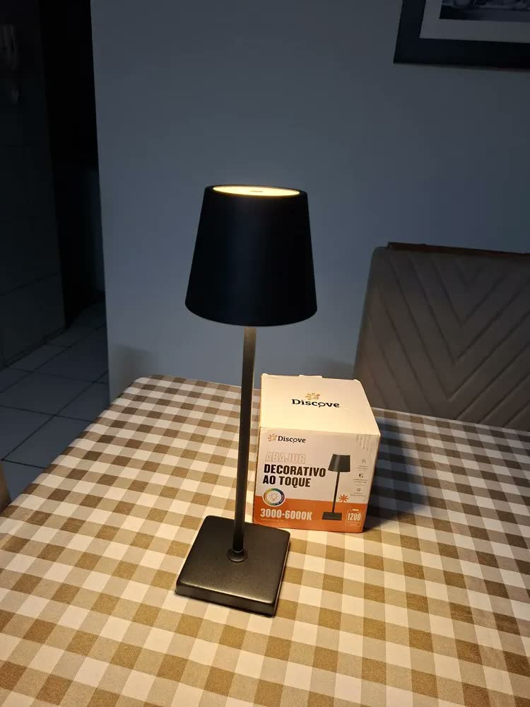 foto de Abajur Mesa Luminária Led Touch 3 Cor Candeeiro Recarregável Cúpula Preto Estrutura Preto