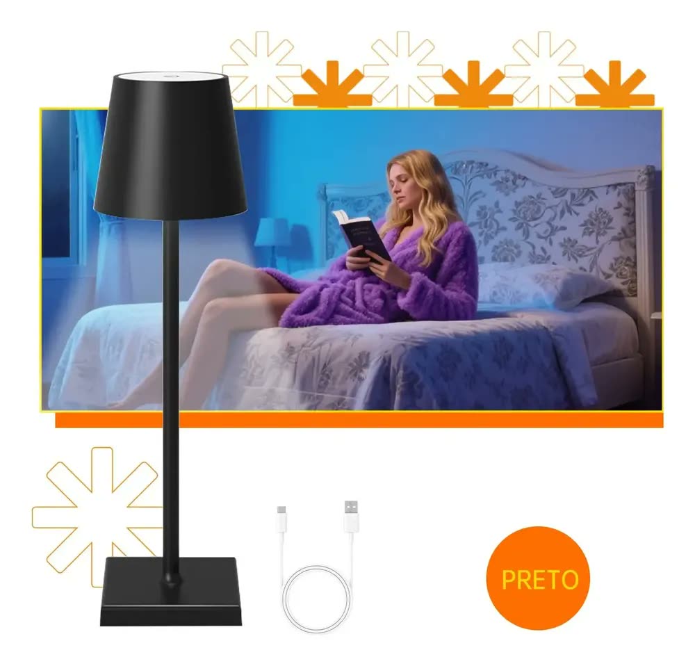 Abajur Mesa Luminária Led Touch 3 Cor Candeeiro Recarregável Cúpula Preto Estrutura Preto