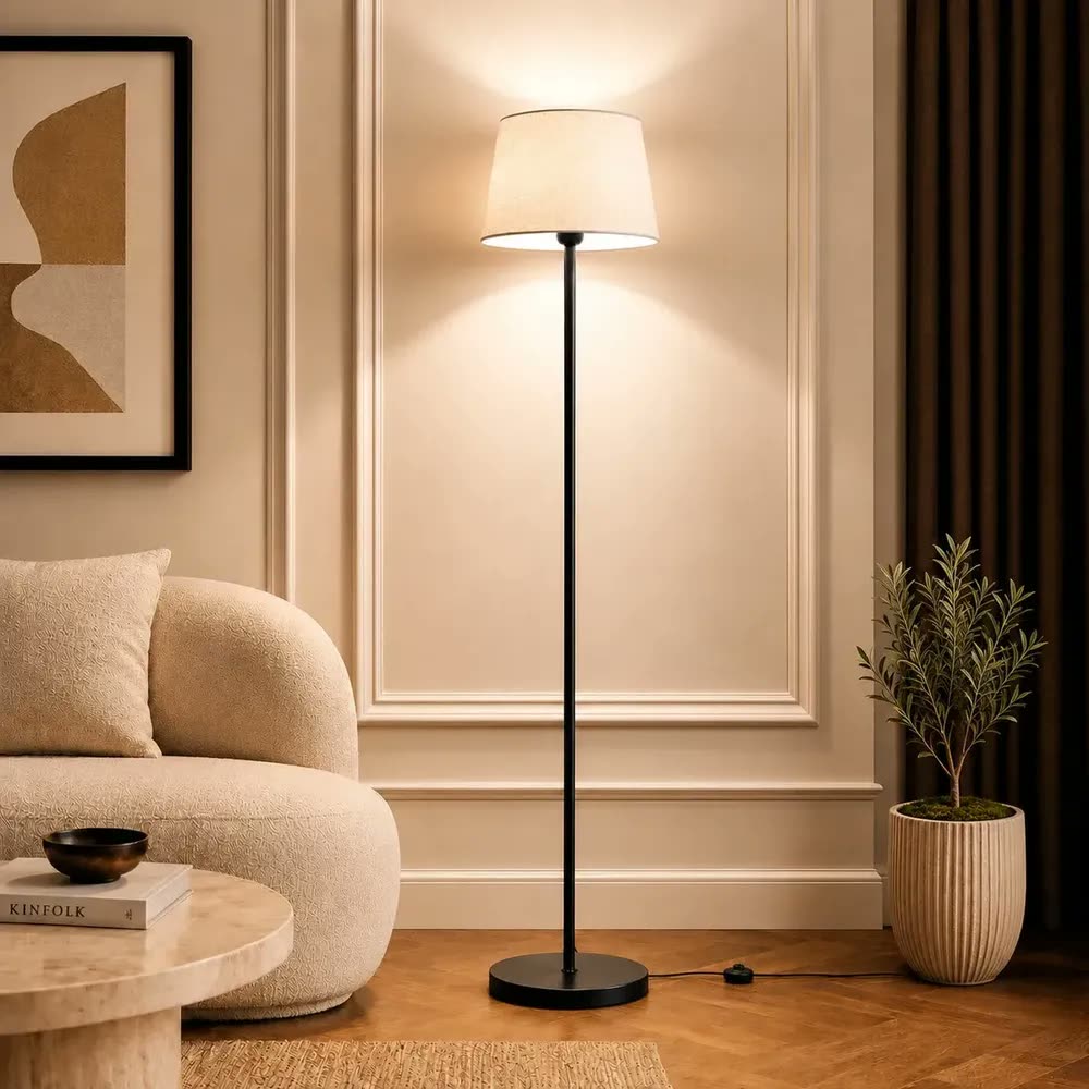 Luminária de Chão em Metal Preto,abajur de chão , com Cúpula de Tecido Branca e Altura Ajustável, Tieesa L011