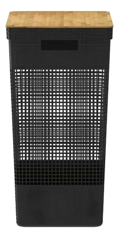 foto de Cesto Roupas Grid 49l Tampa Bambu Cor Bege Preto