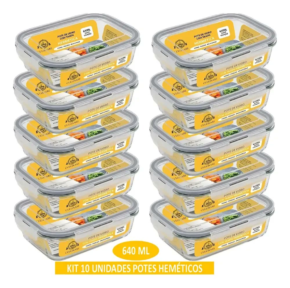 Kit C/10 Pote Hermético Vidro 640ml Kit Marmita Fitness Vidr Transparente
