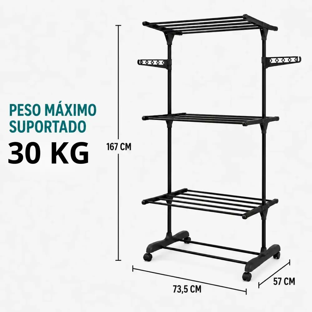 Varal De Chão Roupa 3 Andares Retrátil Dobrável Liga Metálica Resistente Preto