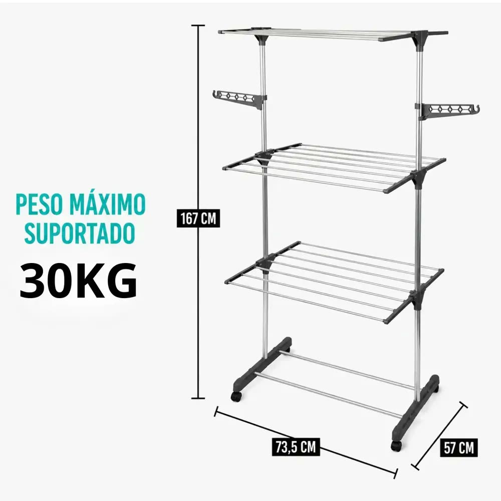 Varal De Chão Cinza Roupa 3 Andares Retrátil Dobrável Liga Metálica Resistente Ideal Para Apartamento