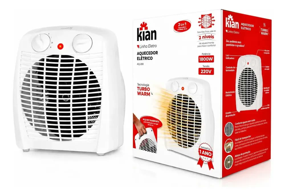 Aquecedor Elétrico Aq100 Com Ventilador Potência De 1800w Função Turbo Warm Branco Kian
