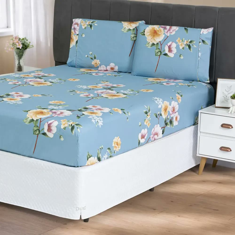 foto de Jogo De Lençol Queen Micropercal 400 Fios Sofisticado 3pç Jardim Azul Estampado