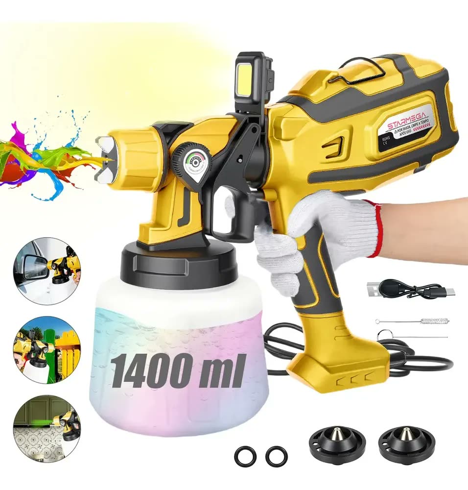 foto de Pistola De Pintura Elétrica Pulverizador Hvlp Led 850w 1,4l Preto E Amarelo