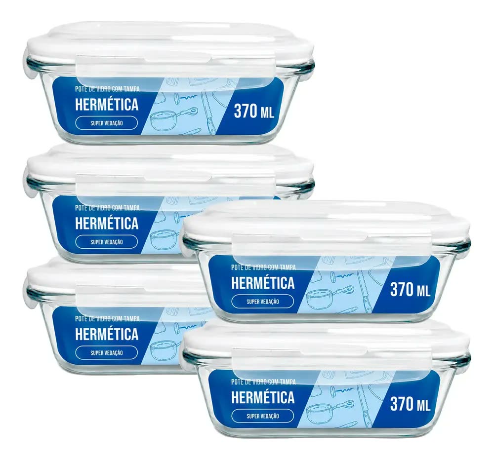 Kit 5 Pote Hermético Marmita 370ml Fitness Cozinha Casa Branco