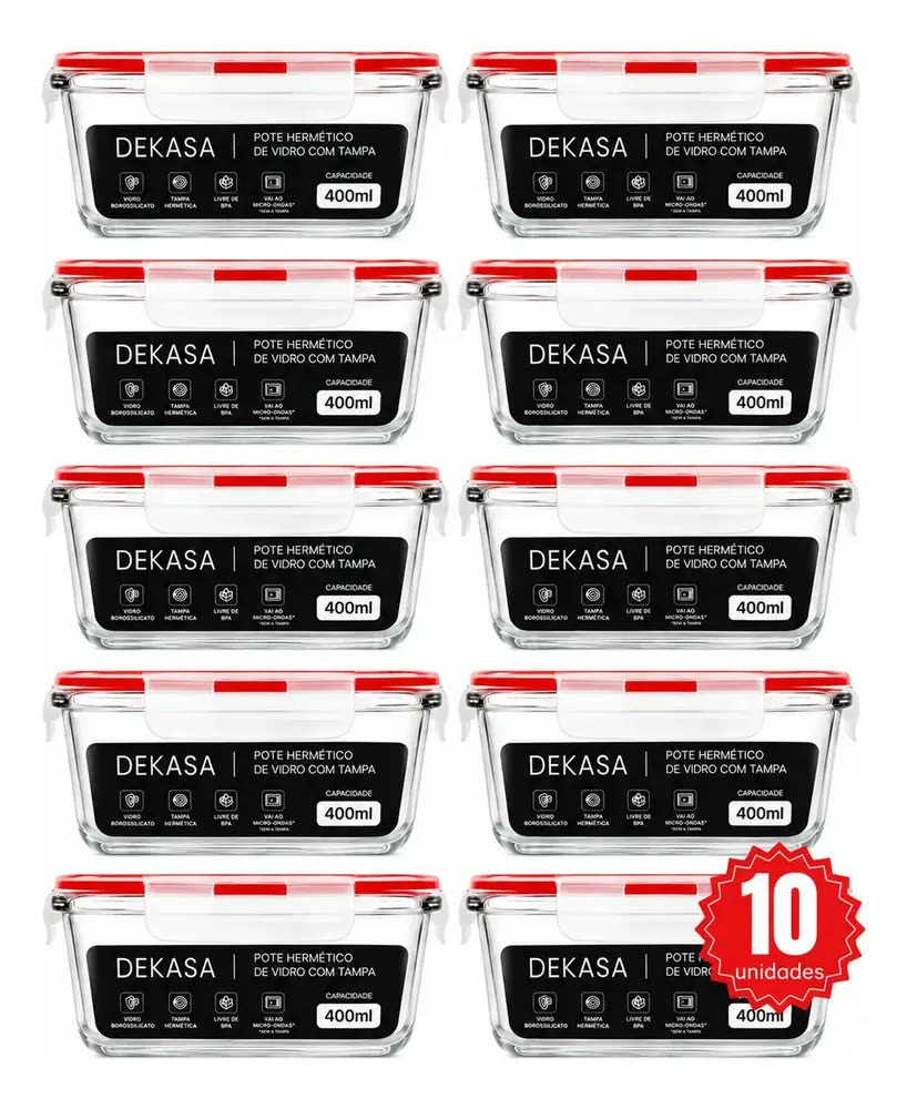foto de Kit 10 Potes Herméticos De Vidro 400ml 4 Travas Com Válvula De Respiro Marmita Forno Micro-ondas
