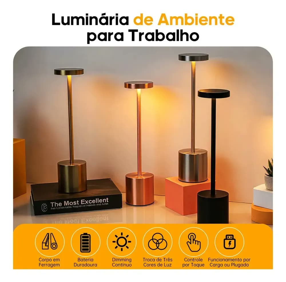 Luminária de Mesa Discove Recarregável Touch, Sem Fio e Com 3 Cores de Luz LED