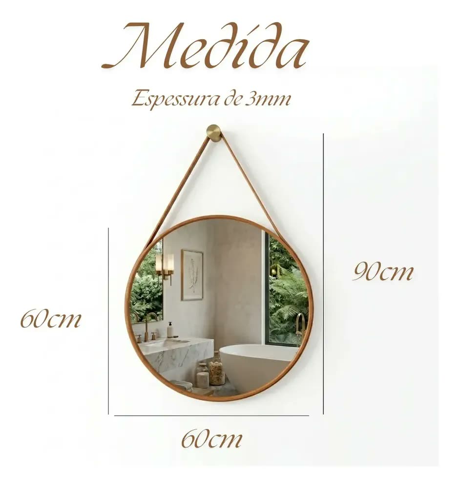 Espelho Redondo Decorativo Alça 60x60 Moldura Em Couro Caramelo