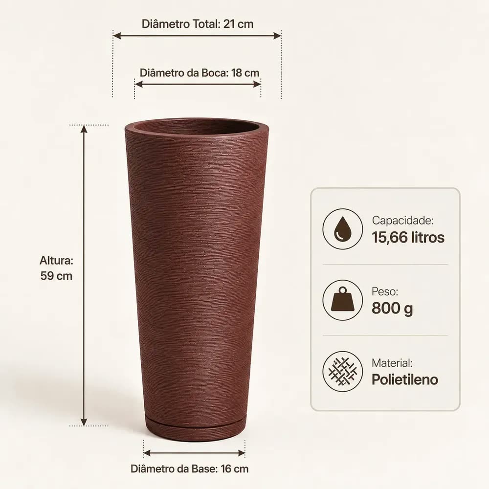 Vaso para plantas decorativo coluna ibiza m com prato alto grande luxo grafiato escovado riscato textura sala jardim vimélor