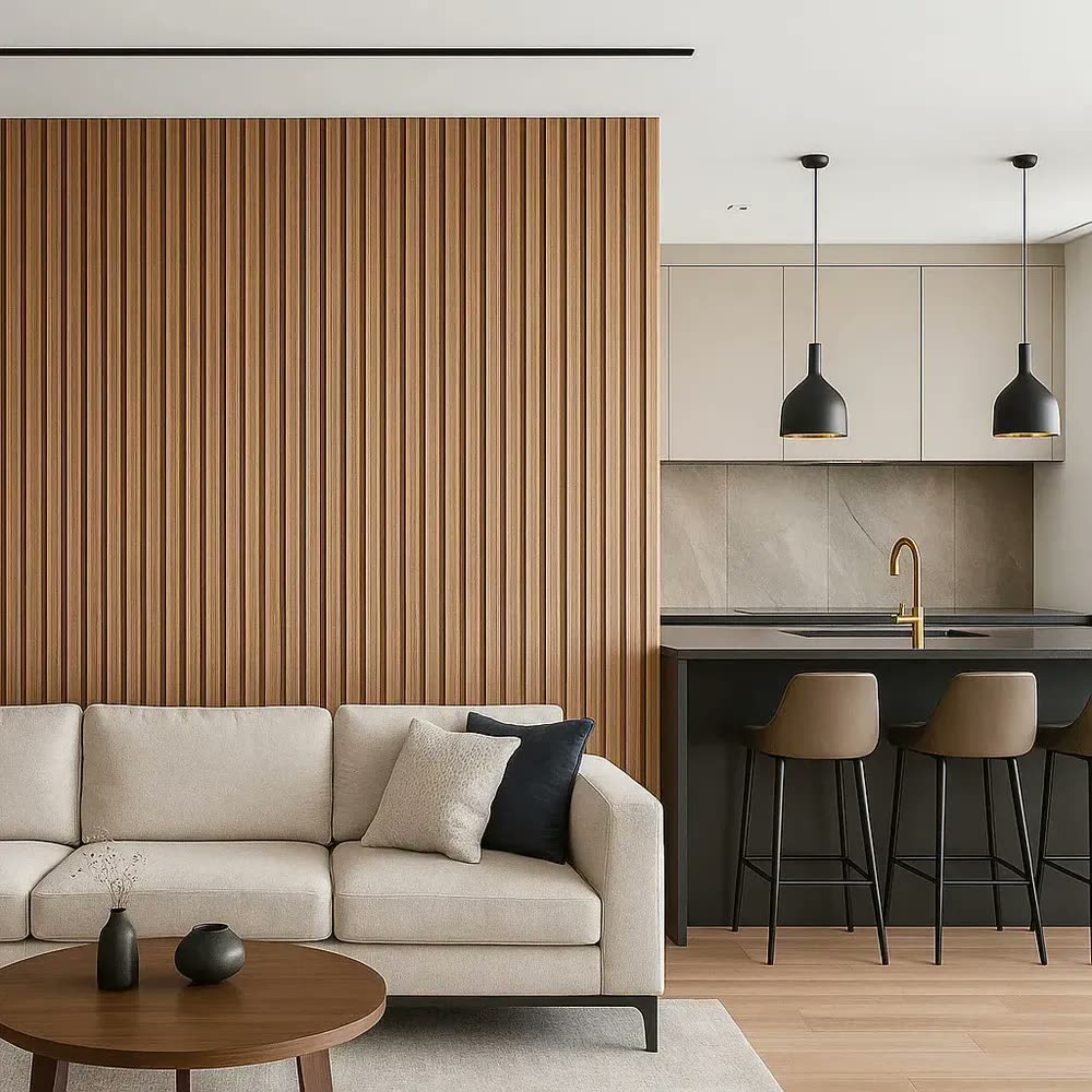 Painel Ripado PVC Freijó e Carvalho Lisboa 3D para Decoração de Sala