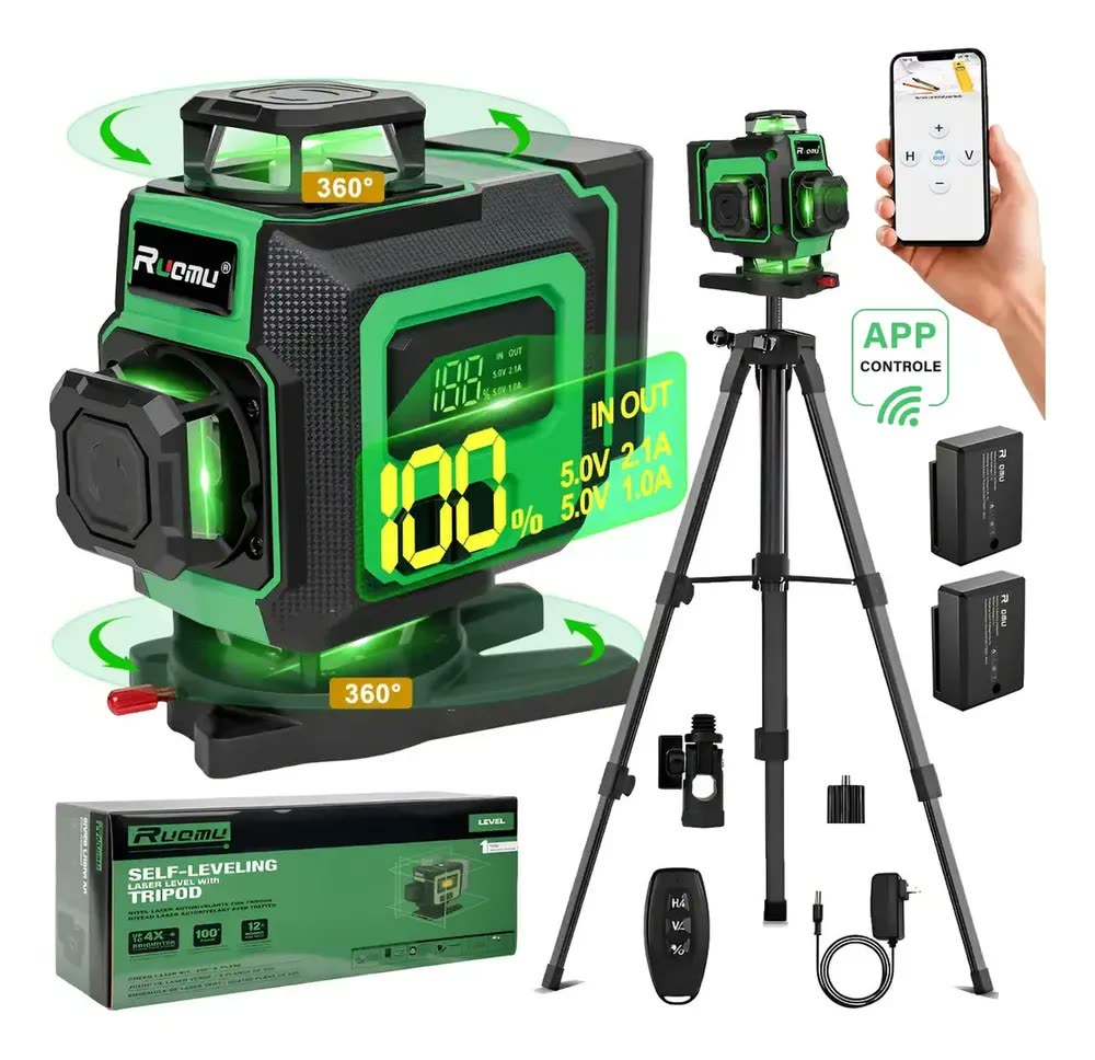 foto de Nivel Laser Verde 16 Linhas 360° Autonivelante 4d 30m + 2 Baterias + 1m Tripé