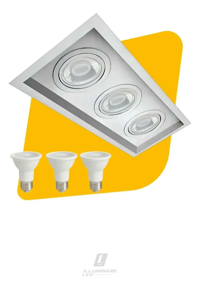foto de Spot Embutido Triplo Recuado Par20 Branco + Lâmpada 3000k Branco - Quente