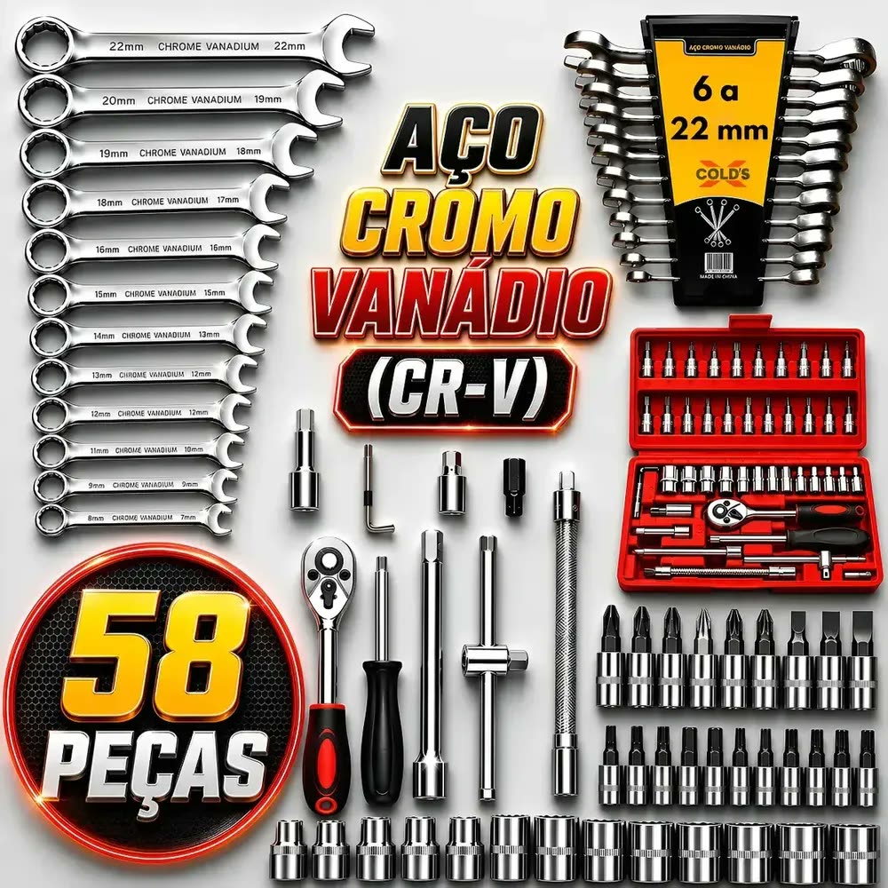 Kit 58 Ferramentas Aço Cr-v Jogo Catraca Reversível Soquete 46pcs + 12 Chaves Combinadas Boca Estrela Cromo Vanádio Xcolds