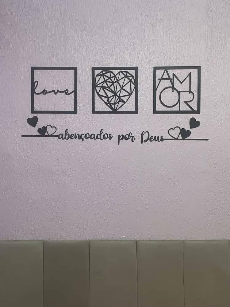 foto de Kit 3 Quadros Cabeceira Frase Abençoados Por Deus +2 Coração Preto
