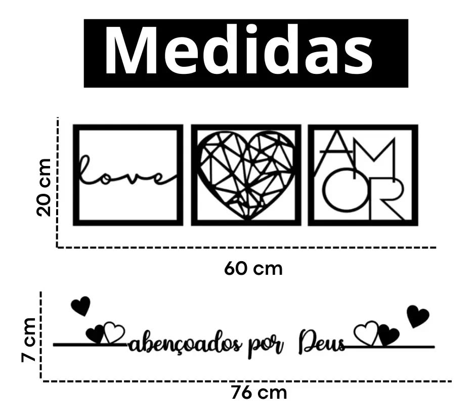 Kit 3 Quadros Cabeceira Frase Abençoados Por Deus +2 Coração Preto