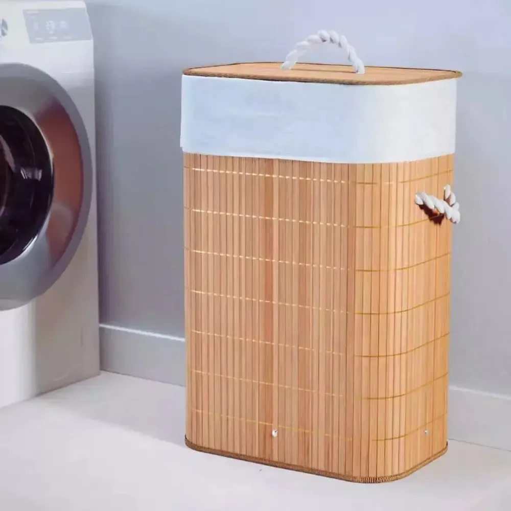 foto de Cesto Organizador De Roupa Suja Bambu 70L Dobrável Grande com Tampa e Alças