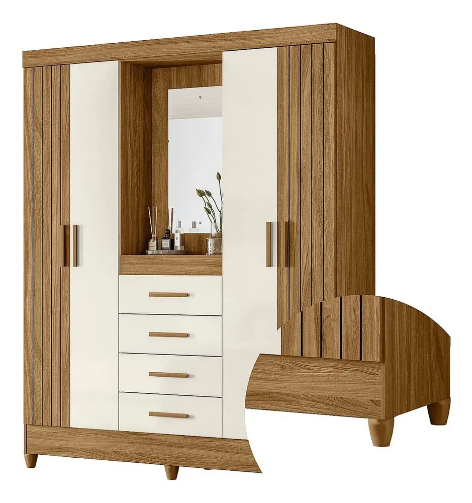 Guarda Roupa Atenas Quarto Casal 4 Portas 4 Gavetas Espelho Freijó Com Off White