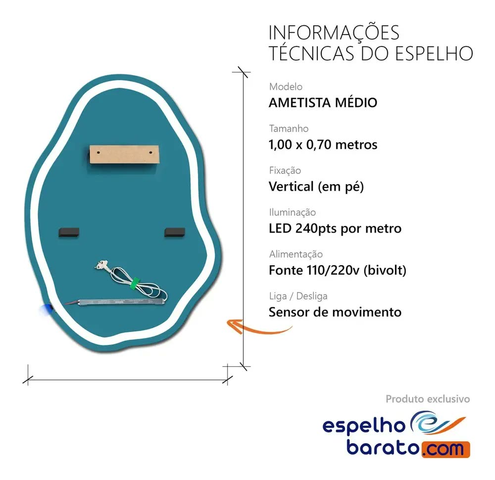 Espelho Orgânico Ametista Led Decorativo 100x70cm Banheiro Quente
