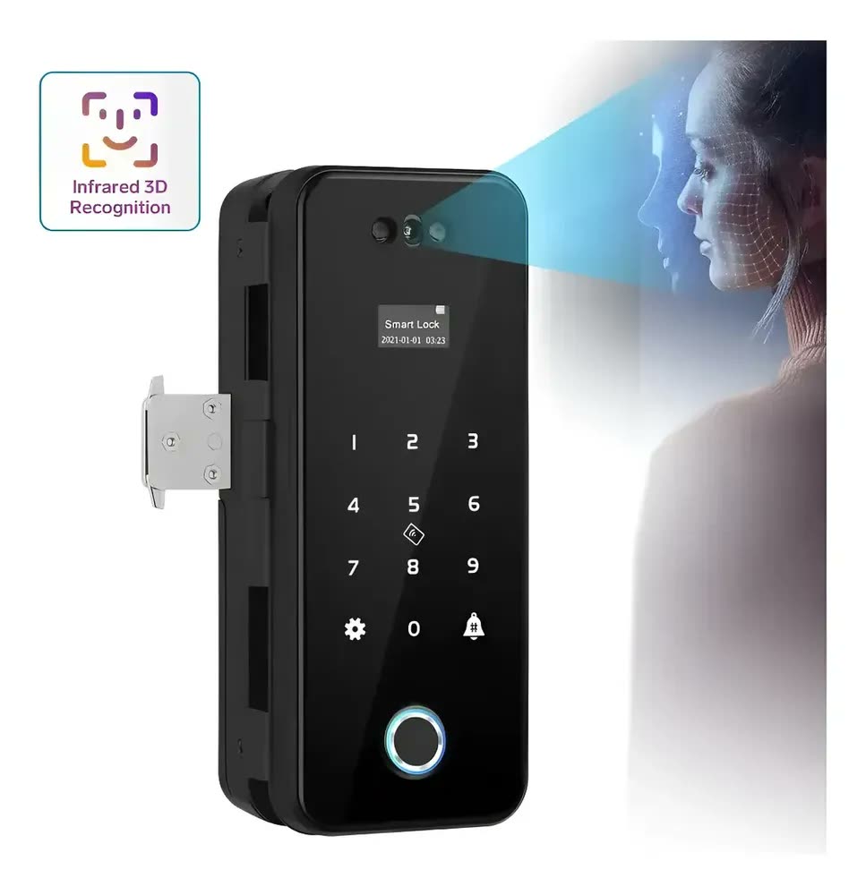Fechadura Digital Porta Vidro Face Id Wifi Tuya Universal Preto
