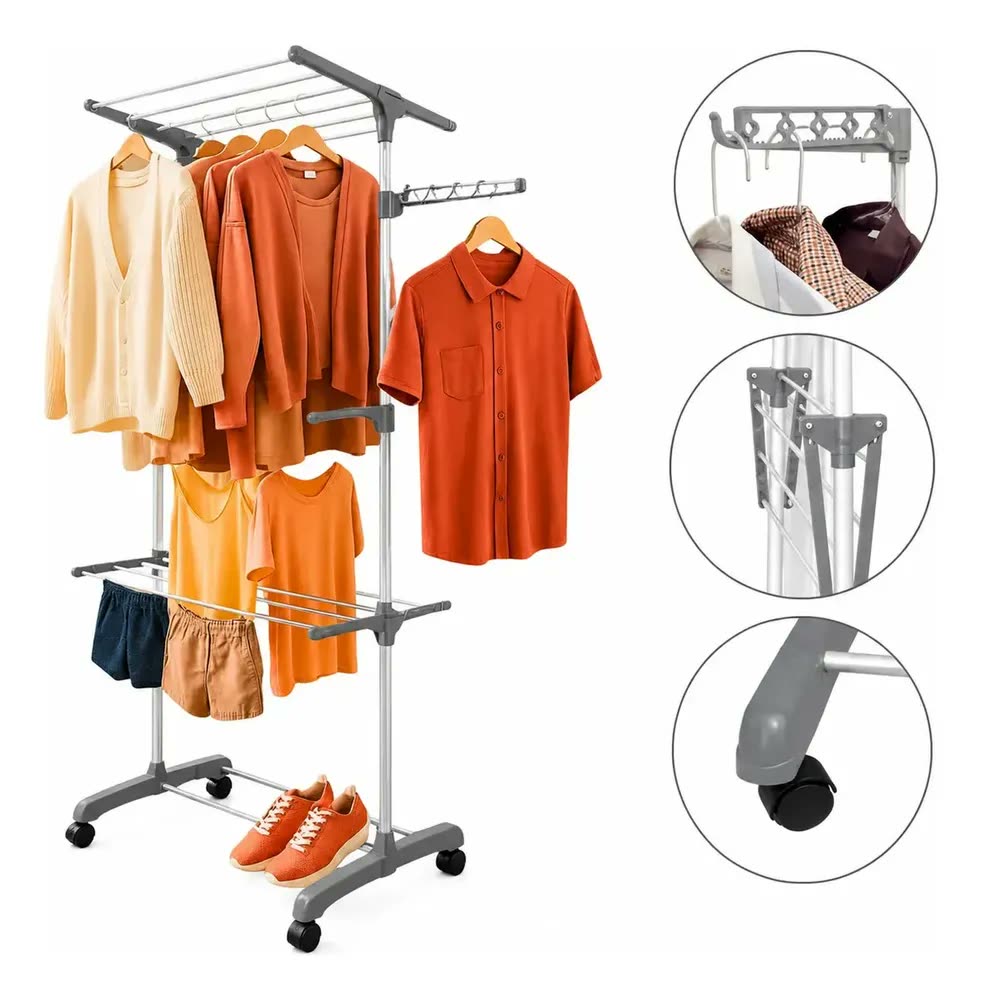 Varal De Chão Roupas Retrátil Dobrável 3 Andares 4 Rodas Aço Cinza