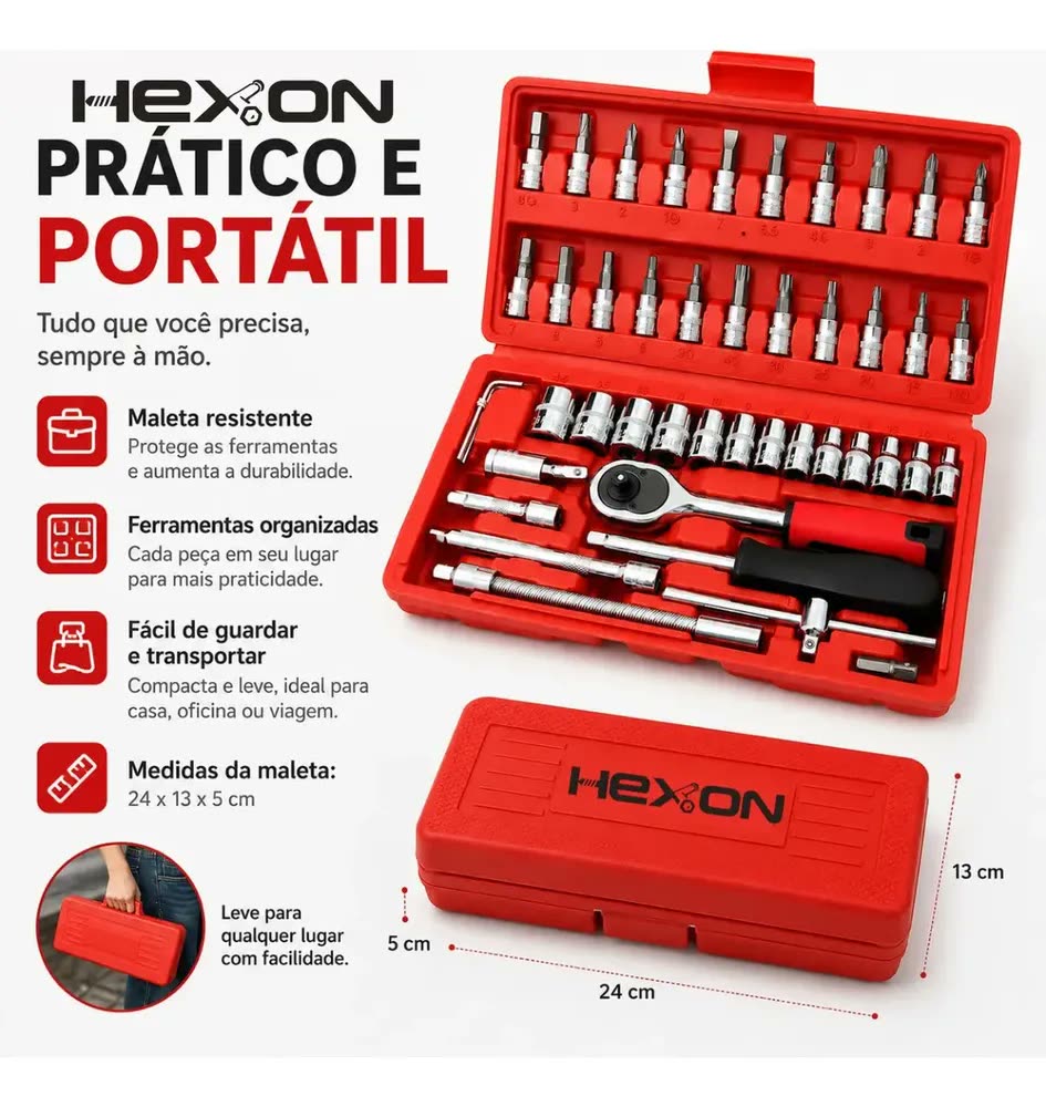 Kit Jogo Chaves Fenda Philips Catraca Soquete Allen Canhão 46 Peças Com Maleta Portátil Completa Mecânico Oficina Manutenção Casa Carro Profissional Resistente Uso Doméstico Compacto Original Hexon