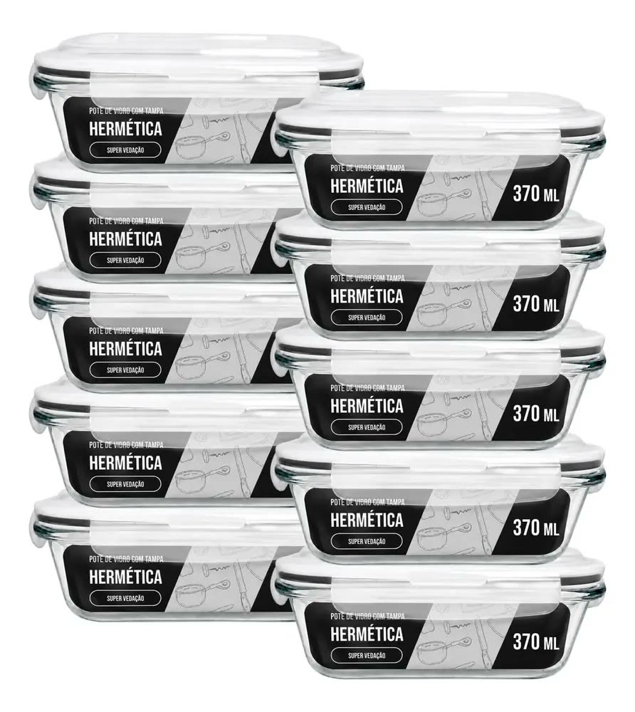 Kit 10 Pote Marmita Vidro Hermético 370ml Retangular 4 Trava Preto