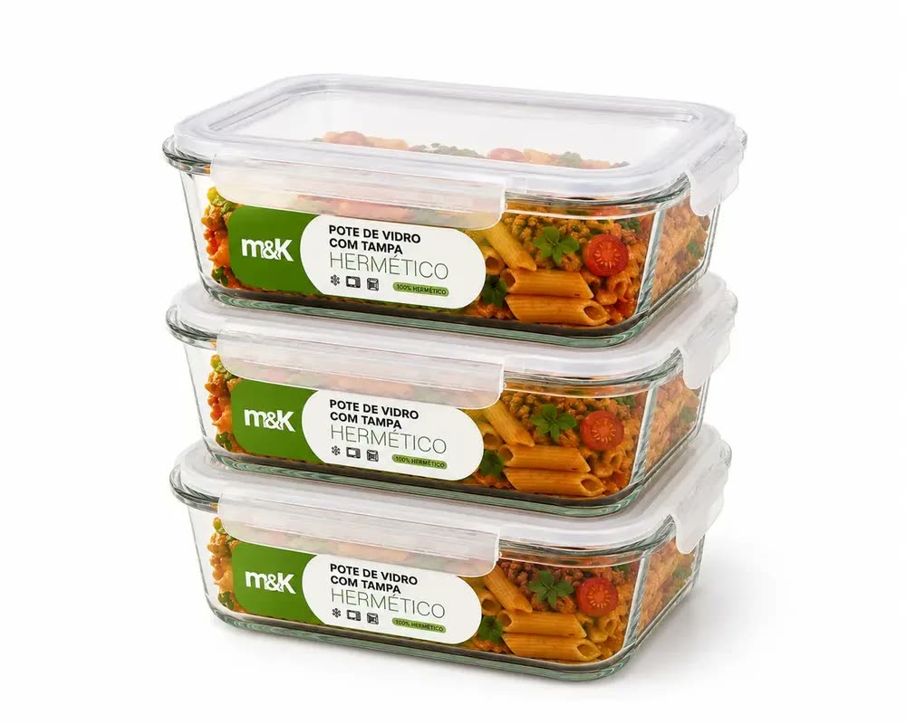 Kit 3 Potes Marmita Vidro Hermético 1,5l Free Freezer Microondas Forno Água Fitness Anti Vazamento M&k Home Store