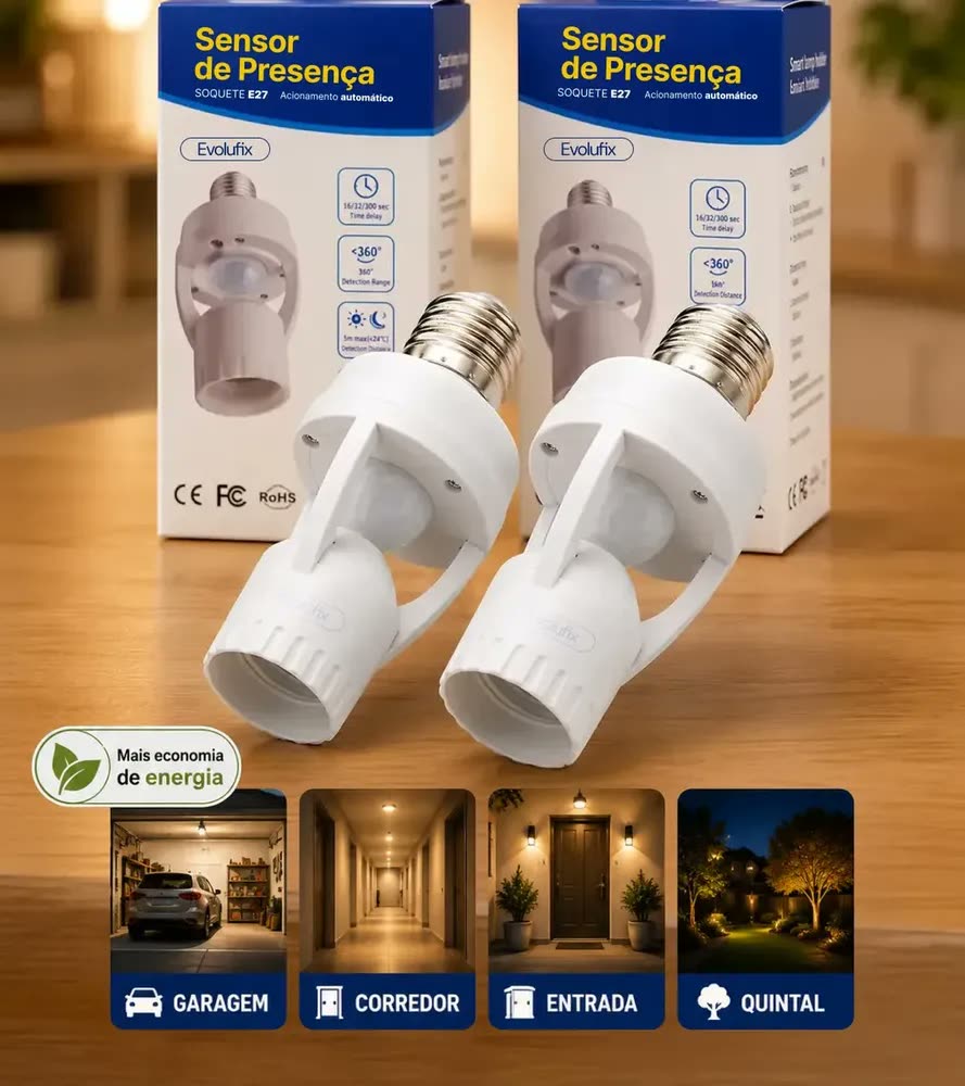 Kit 2 Sensor De Presença Lâmpada Soquete E27 Iluminação Fotocélula Movimento Infravermelho Apaga Sozinho Detecta Movimentos Externo E Interno Bocal Automático Branco