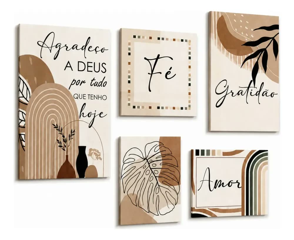 foto de Kit 5 Quadros Decorativos Mdf Frases Amor Fé Gratidão Sala Tons Terrosos (bege, Marrom)