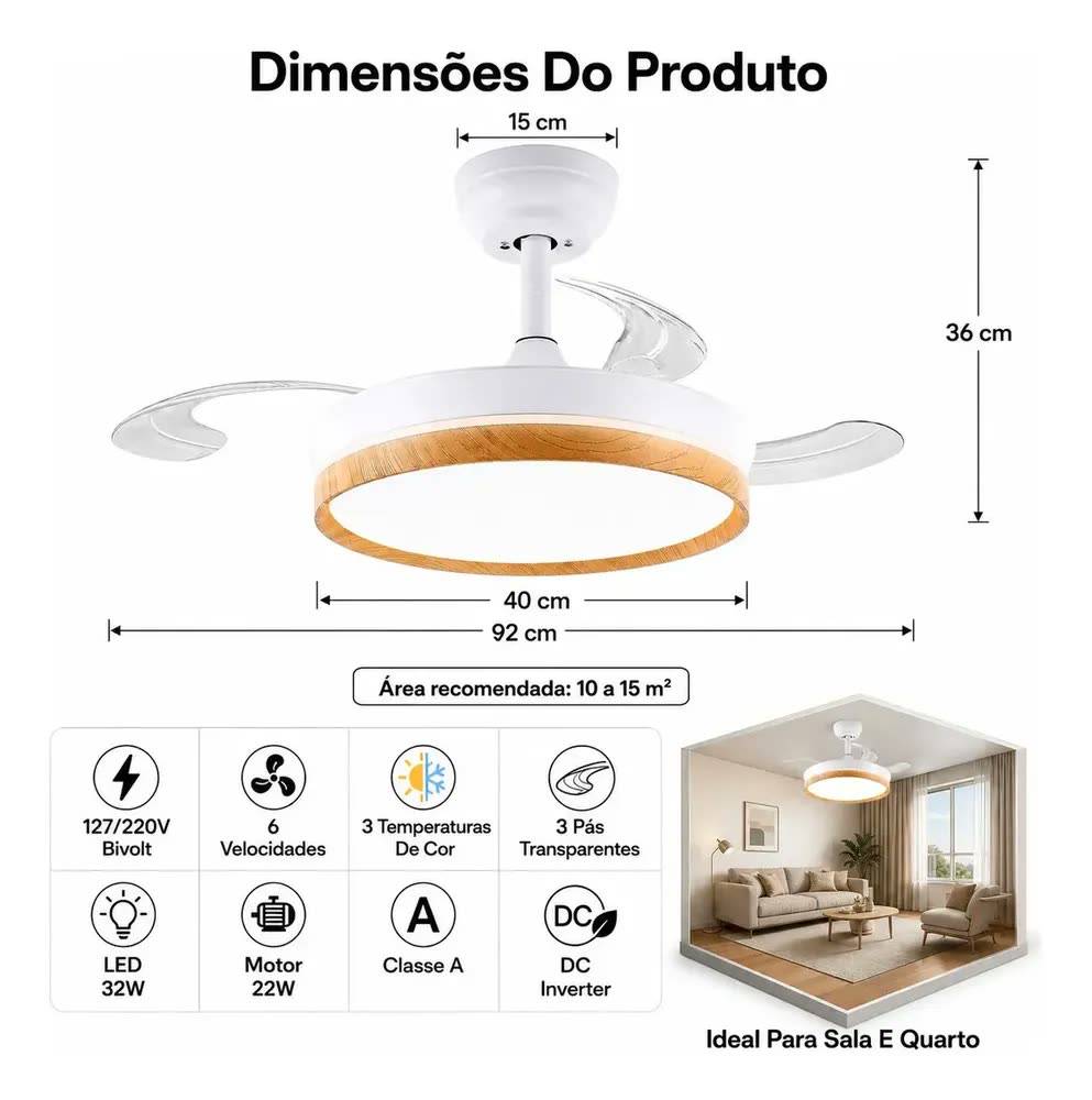 Ventilador de Teto Silencioso Retrátil com Controle Remoto e Luminária LED Bivolt Motor DC Inverter, 6 Velocidades, 3 Cores, Reversão, Timer, 3 Pás Retráteis,36 Pol 92 cm Brightech