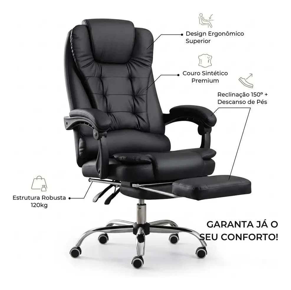 Cadeira Presidente Escritorio Preta Cadeira Giratoria 360° Reclinável 150° com Apoio de Pernas e Revestimento em Couro Sintético WINDA