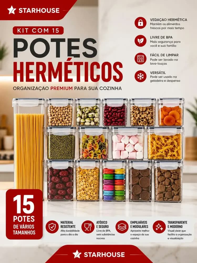 Kit 15 Potes Hermético Mantimentos Cozinha