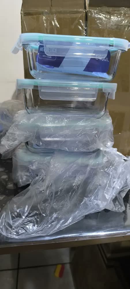 foto de Kit 5 Marmita Pote Vidro Hermético 370ml Retangular 4 Trava Preto
