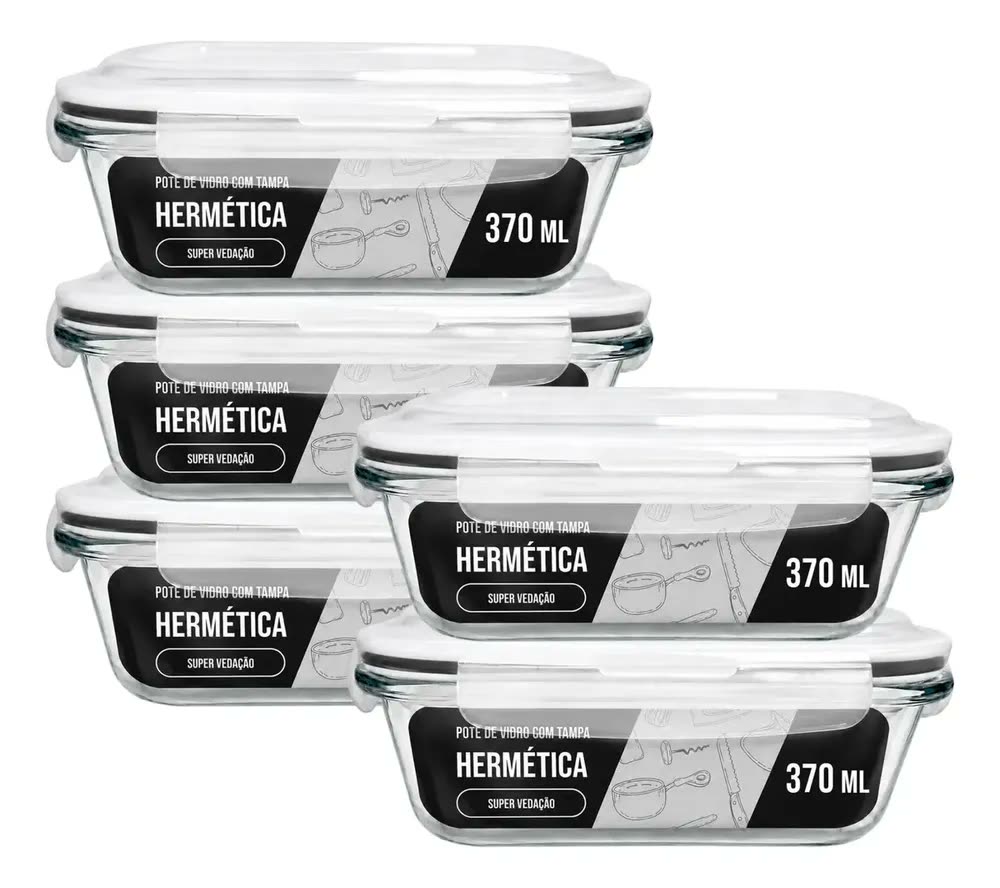 Kit 5 Marmita Pote Vidro Hermético 370ml Retangular 4 Trava Preto
