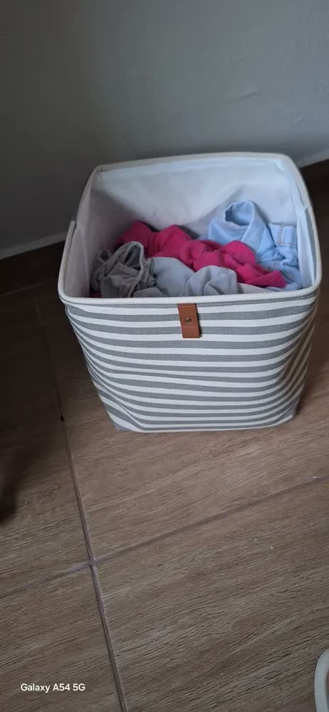 foto de Cesto Organizador Roupa Suja Dobrável Multiuso 30l Listrado Cor Bege