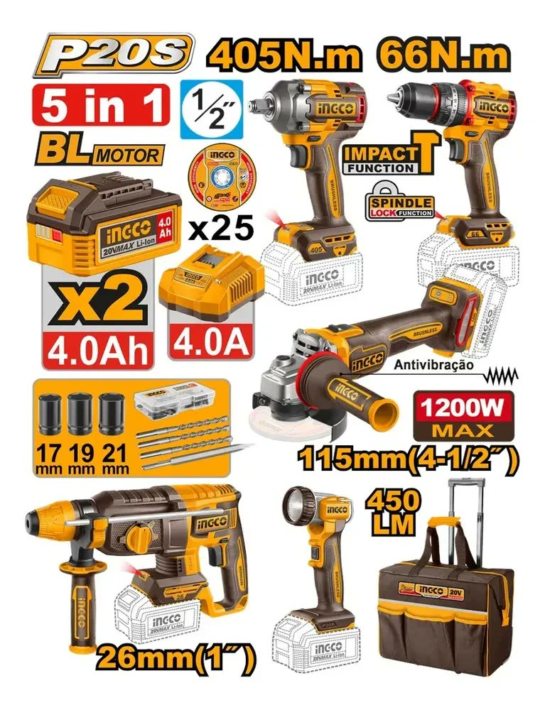 Kit 5 Ferramentas 20v Brushless 2x 4ah Ckli20595-9 Ingco