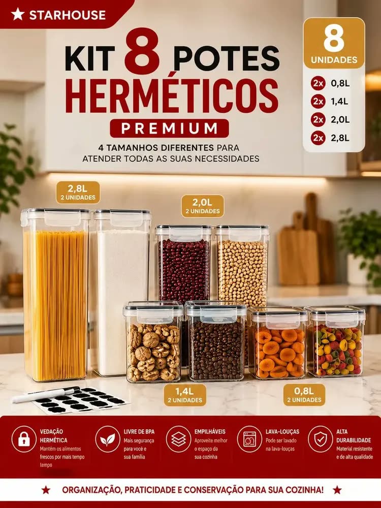 Kit 8 Potes Hermético Starhouse Mantimentos Quadrado Cozinha Super Vedação Lavável Livre De Bpa Transparente