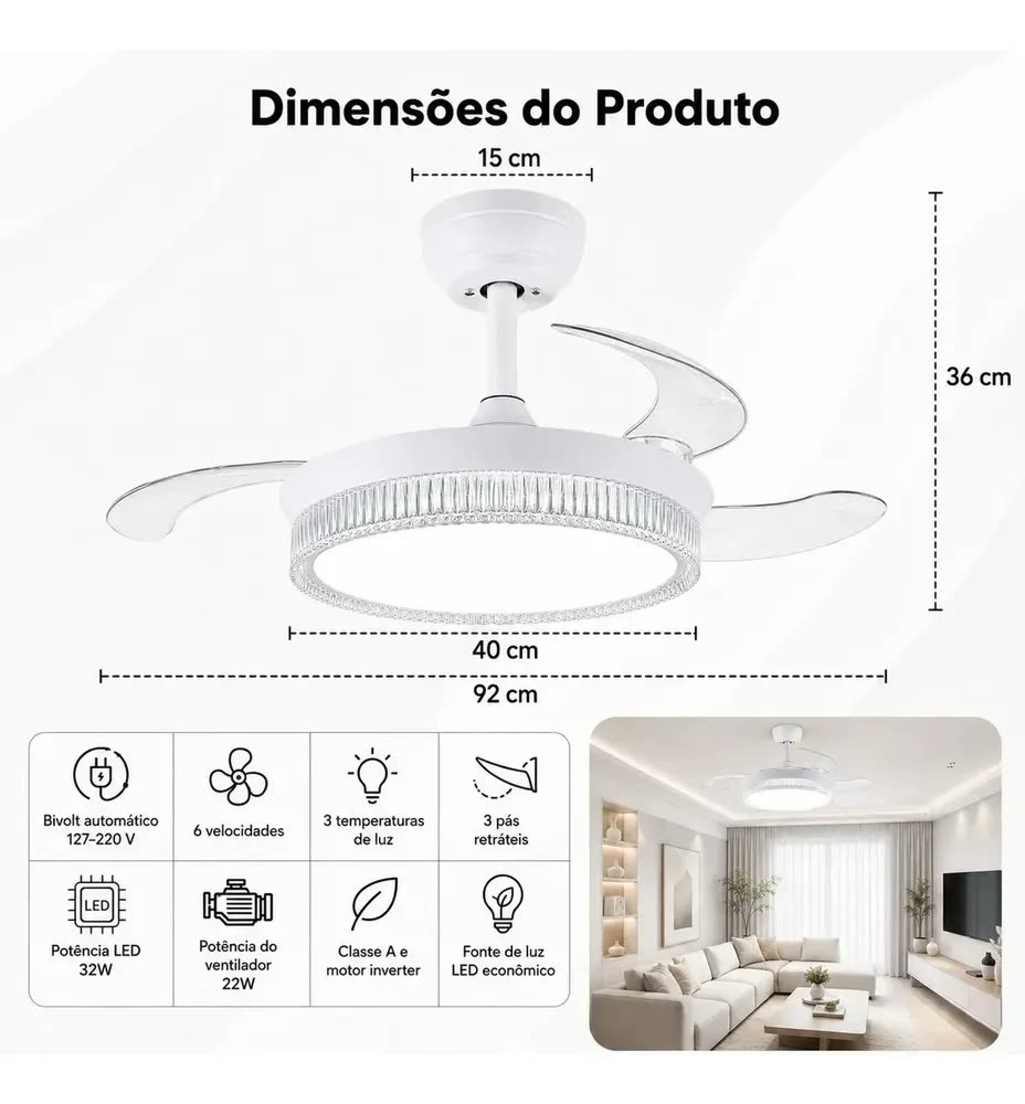 Ventilador de Teto Retrátil Silencioso com Controle Remoto e Luminária LED Bivolt 36 Pol, com Luz, Motor DC, 6 Velocidades, Timer, Função Reversa, Luz Regulável 3 Cores, Quarto Sala Brightech