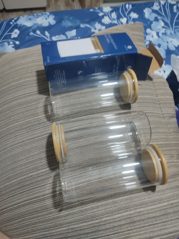 foto de Kit 6 Potes Vidro Hermético 450ml Tampa Bambu Mantimentos Transparente