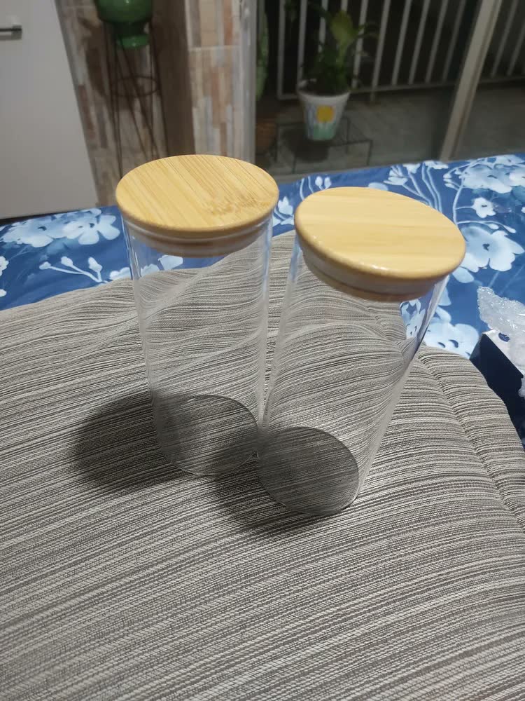 foto de Kit 6 Potes Vidro Hermético 450ml Tampa Bambu Mantimentos Transparente