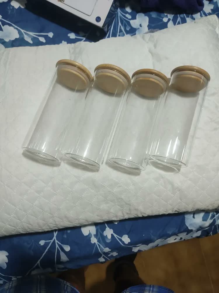 foto de Kit 6 Potes Vidro Hermético 450ml Tampa Bambu Mantimentos Transparente