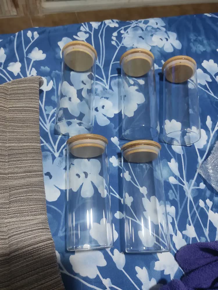 foto de Kit 6 Potes Vidro Hermético 450ml Tampa Bambu Mantimentos Transparente
