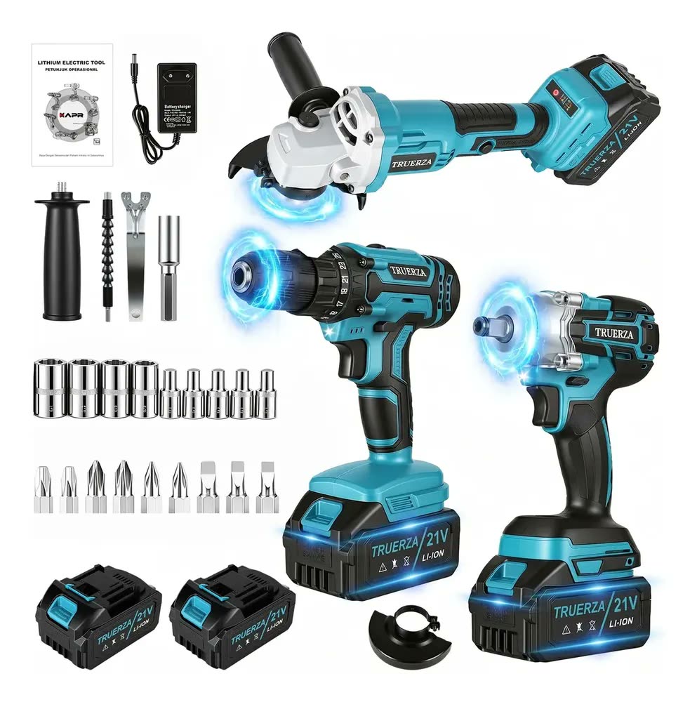 Kit Ferramentas 3 em 1 Truerza: Chave de Impacto, Furadeira e Esmerilhadeira sem Fio 21V