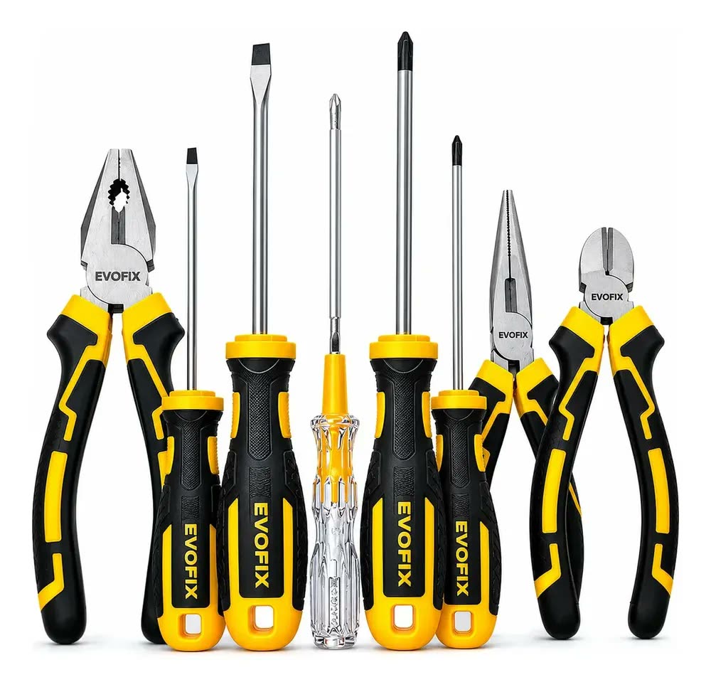 Kit Jogo Alicate + Conjunto Chave Fenda E Testador Voltagem Preto E Amarelo