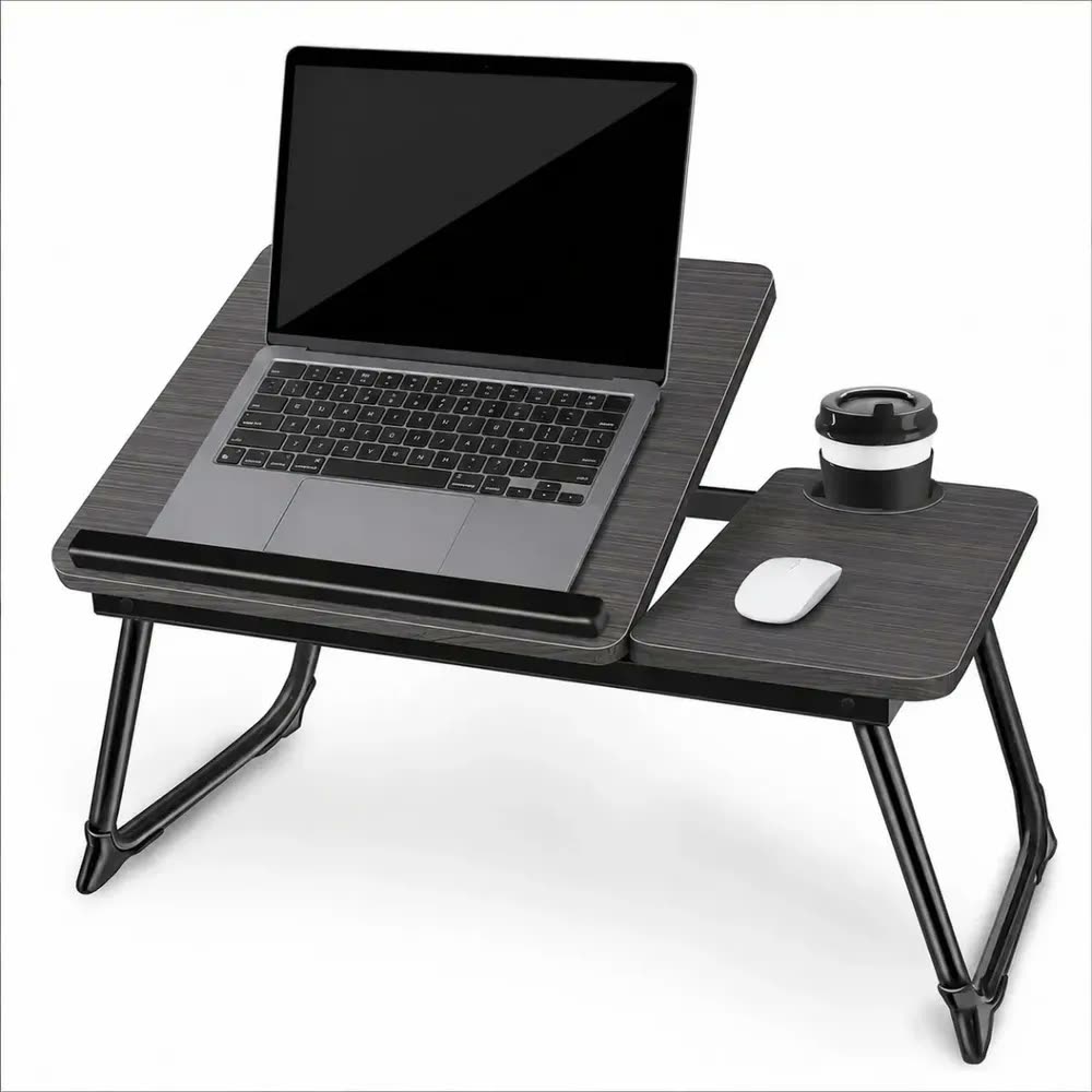 Mesa Suporte Dobrável Para Notebook Até 17 Pol Cama Sofá Em Mdf E Aço Preta Com Porta-copos E 5 Níveis De Inclinação