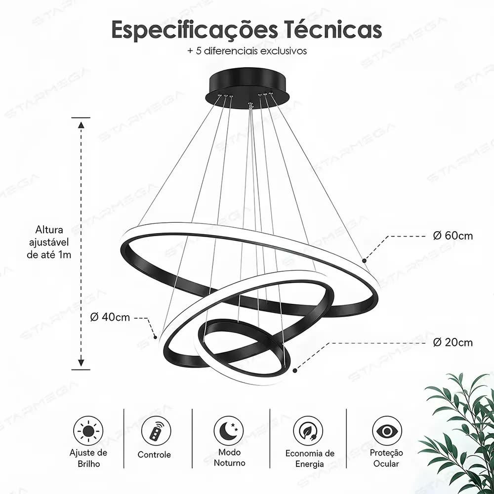 Lustre LED Starmega Moderno para Sala com Controle Remoto, 3 Arcos, Preto