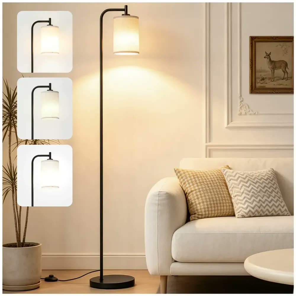 Abajur De Chao Luminaria Led Preto Alto Minimalista Cupula Moderno Linho Com Cupula Para Sala Quarto