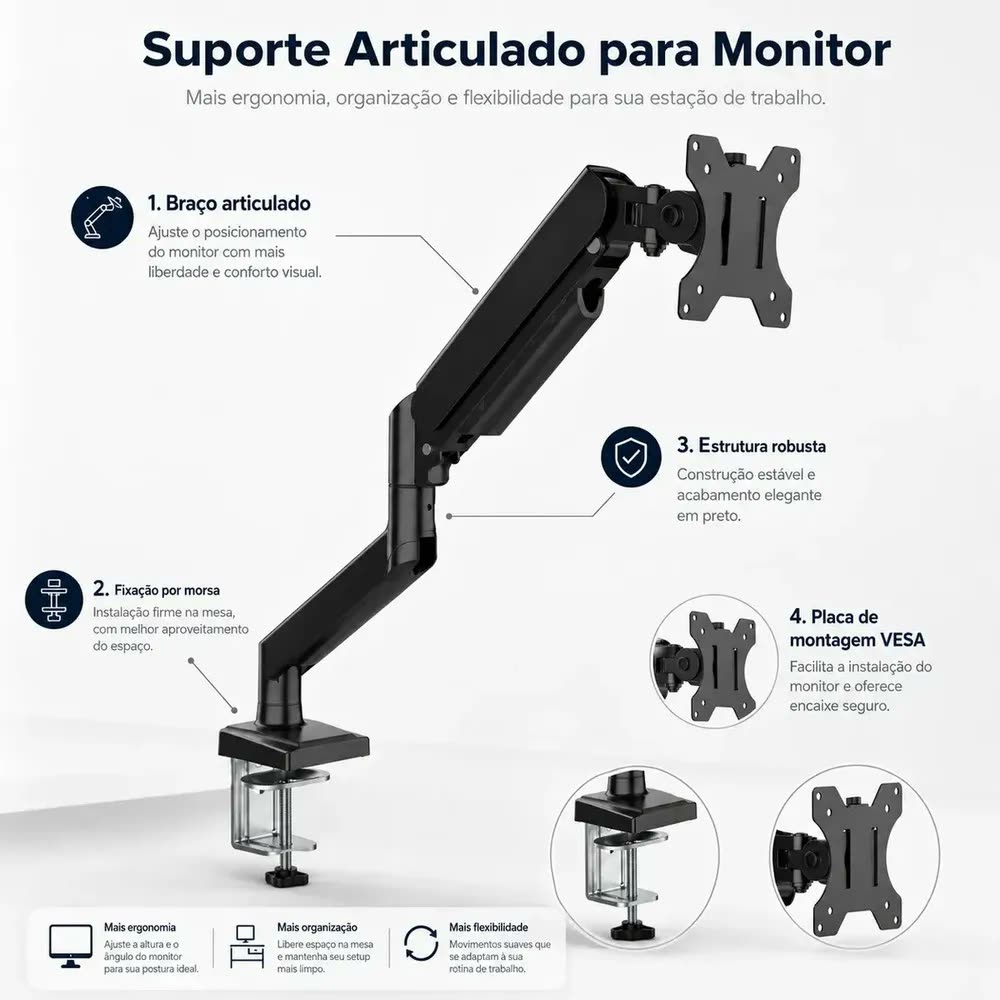 Suporte RIOVA Para Monitores Articulado De Mesa Pistão A Gás 10-32